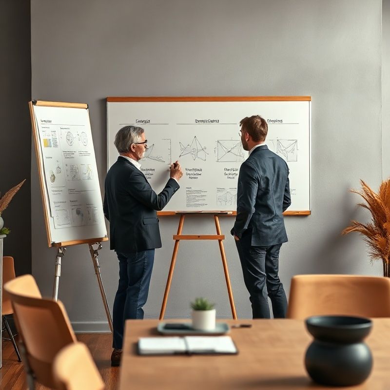 Consulente al lavoro su una lavagna con diagrammi strategici